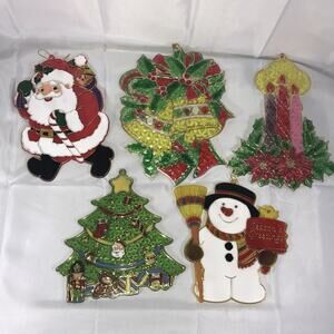 5 Vintage Sun catchers LARGE Plastic Stained Glass Look Christmas Ornaments